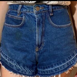 Blue High-Waisted Jean Shorts with Curved Hem